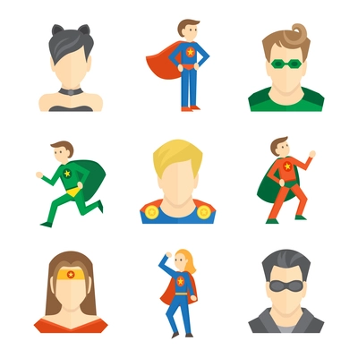 Superhero male and female avatars in masks and disguise flat set isolated vector illustration