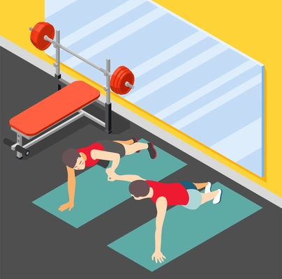 Healthy family fitness isometric poster with father teaching his son to do push ups in gym hall flat vector illustration