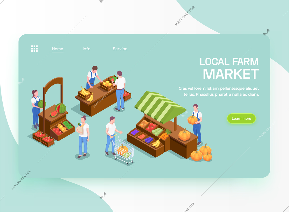 Local farmers fresh organic products online offer isometric landing page with fruits vegetables market stalls vector illustration