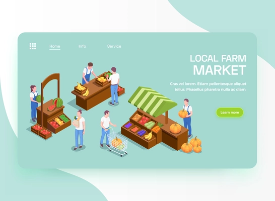 Local farmers fresh organic products online offer isometric landing page with fruits vegetables market stalls vector illustration