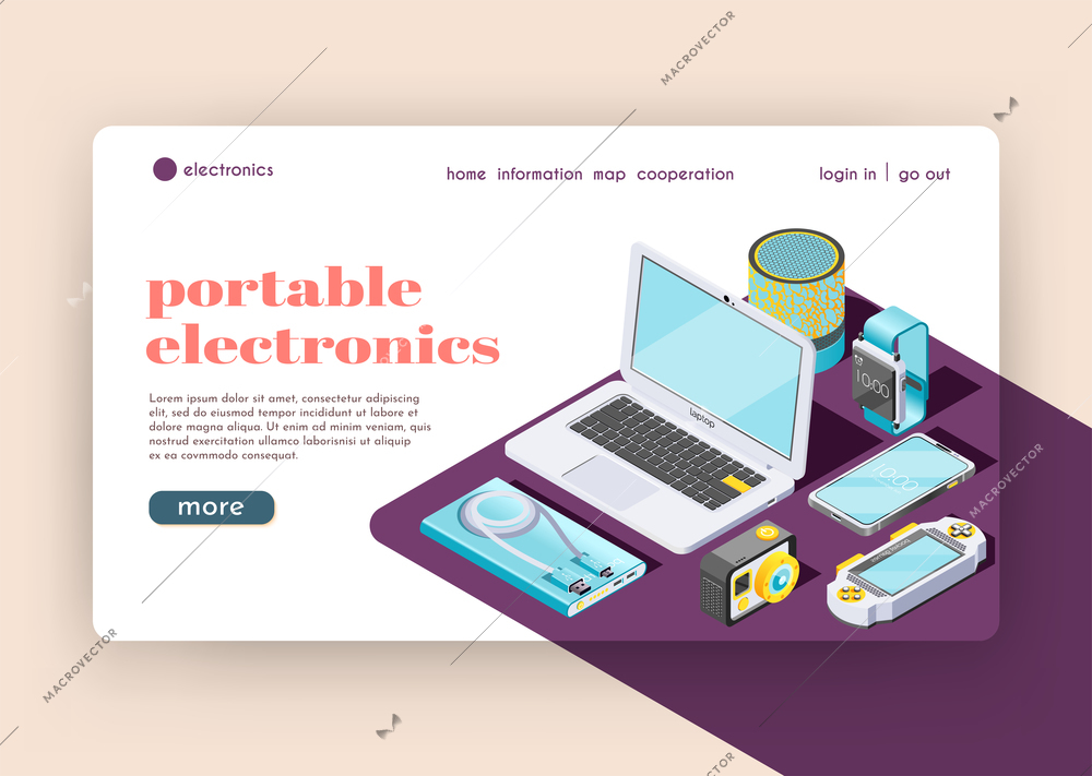 Portable electronics landing page representing smart gadgets and digital tools and accessories for their use isometric vector illustration