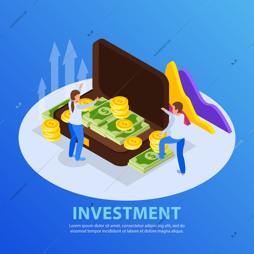 Investment isometric background with editable text and round composition with images of people and money case vector illustration