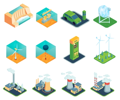 Set of isometric renewable wind power green energy sources isolated icons and images of power stations vector illustration