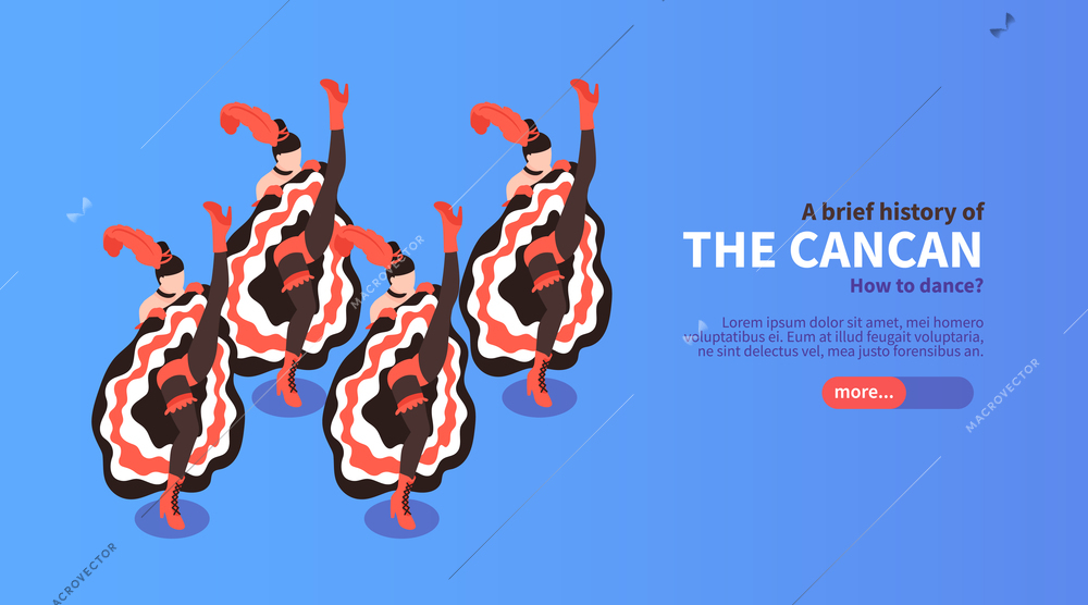 Brief history of cancan blue horizontal banner for web page design isometric vector illustration