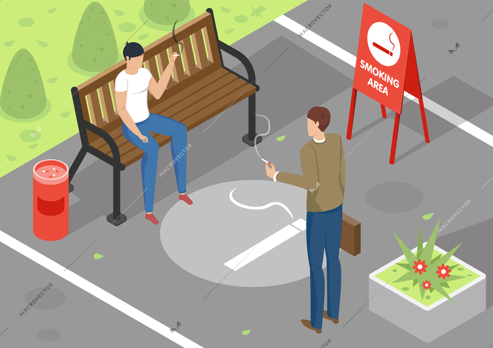 Two people smoking in special area outdoors 3d isometric vector illustration