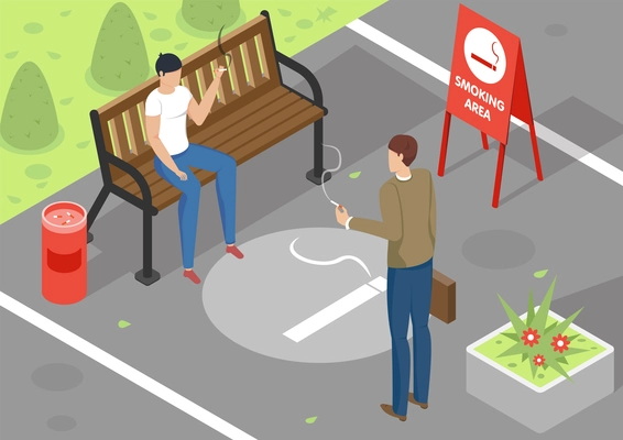 Two people smoking in special area outdoors 3d isometric vector illustration