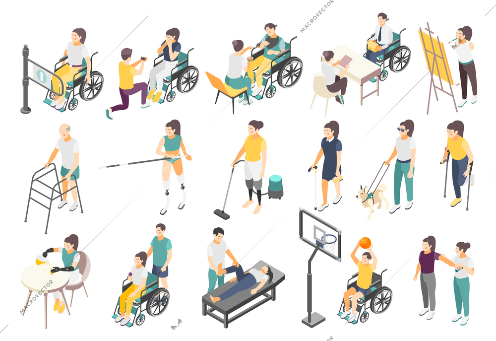 Disabled people isometric icons with active invalids overcoming difficulties in everyday life volunteer and helpers vector illustration