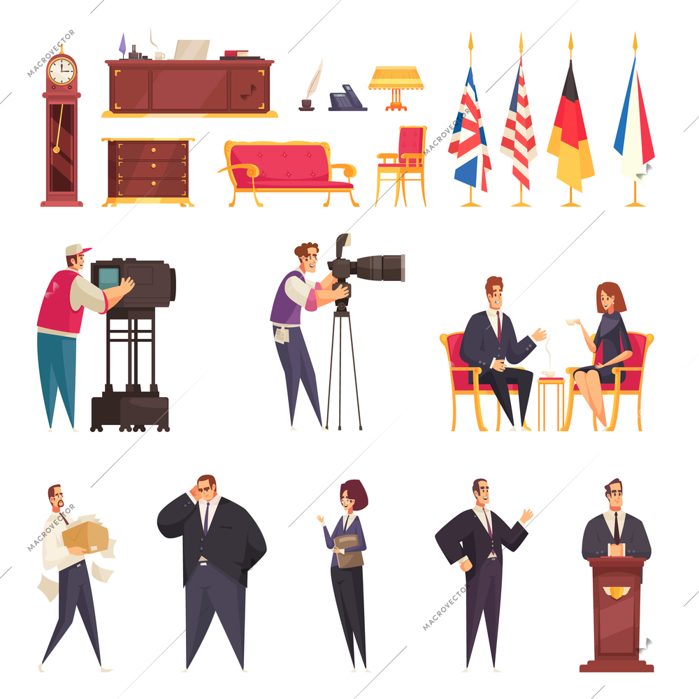 Presidential official residence workplace staff furniture accessories state flags podium speech reporters flat cartoon set vector illustration