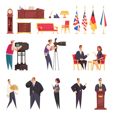 Presidential official residence workplace staff furniture accessories state flags podium speech reporters flat cartoon set vector illustration