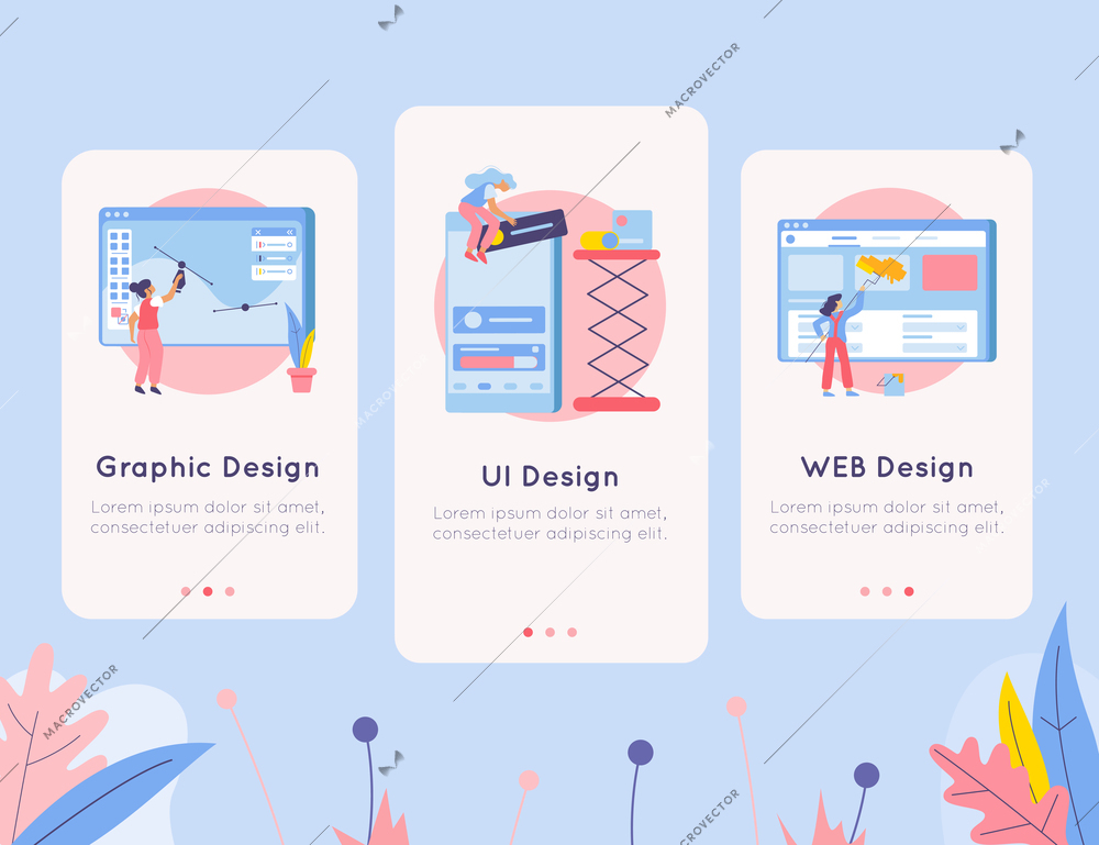 Set of three web development vertical banners with flat doodle images background and page switch buttons vector illustration