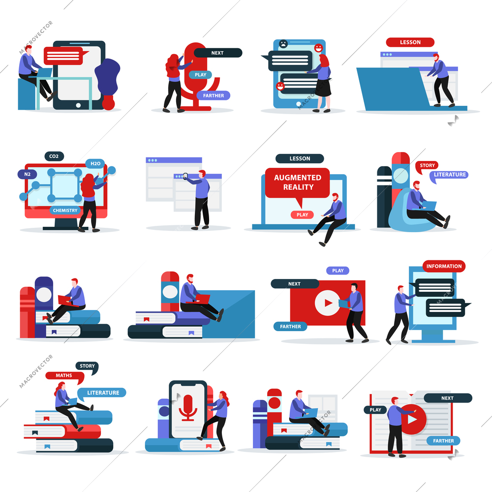 Online education flat recolor collection of sixteen isolated images with books computers message bubbles and people vector illustration