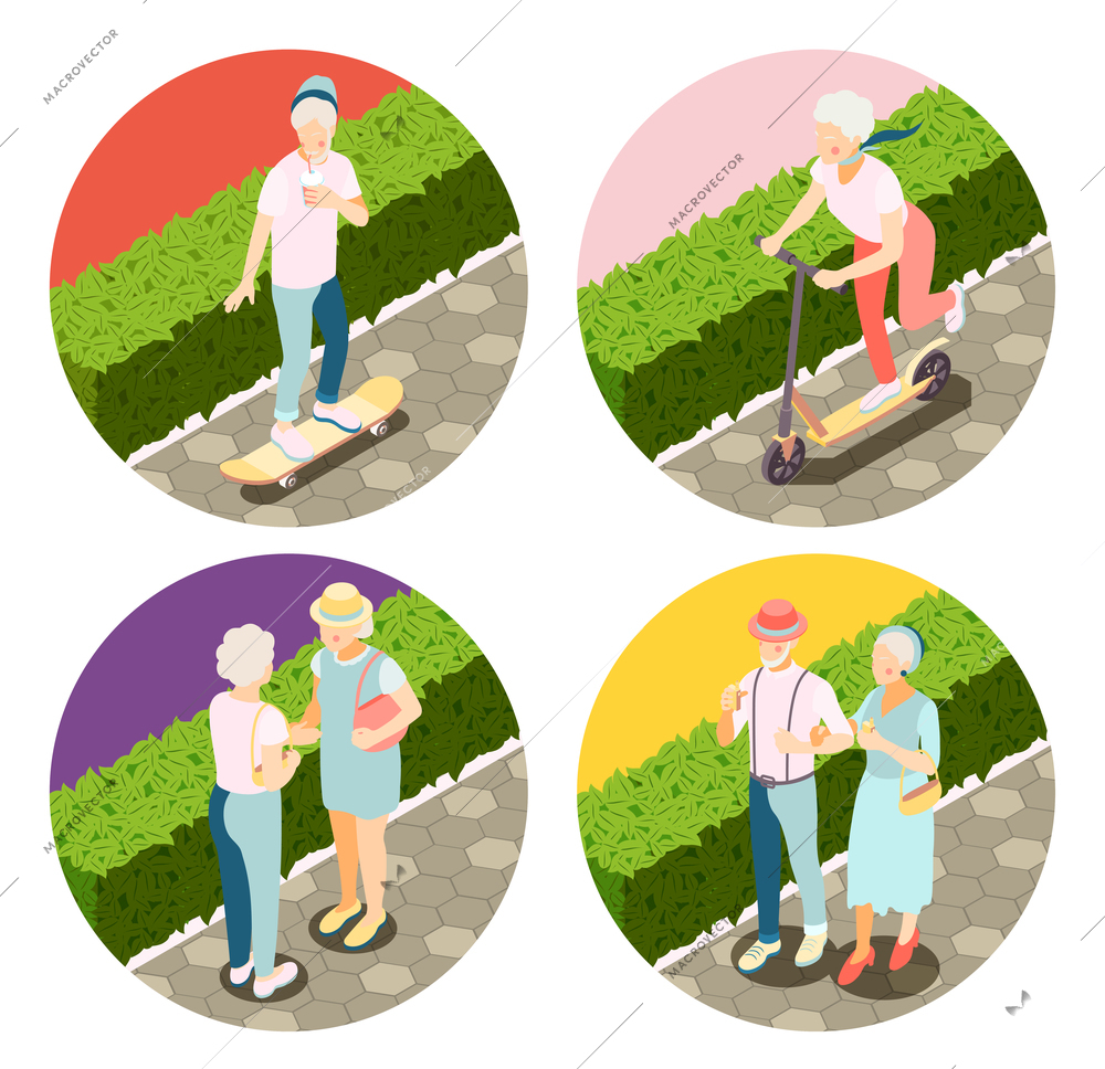 Modern elderly people 2x2 design concept with pensioners riding skateboard scooter walking in park isometric vector illustration