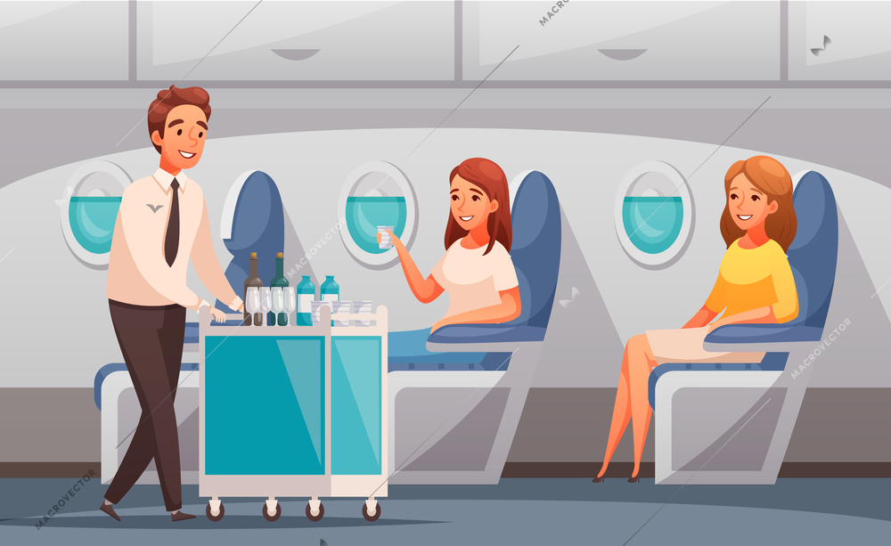 Steward offering drinks to passengers in plane cartoon vector illustration