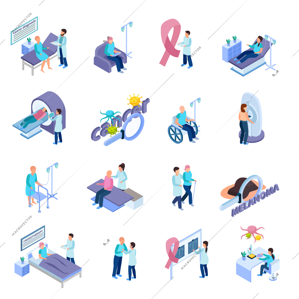 Cancer control prevention mri scan detection treatment palliative care awareness ribbon symbol isometric icons set vector illustration