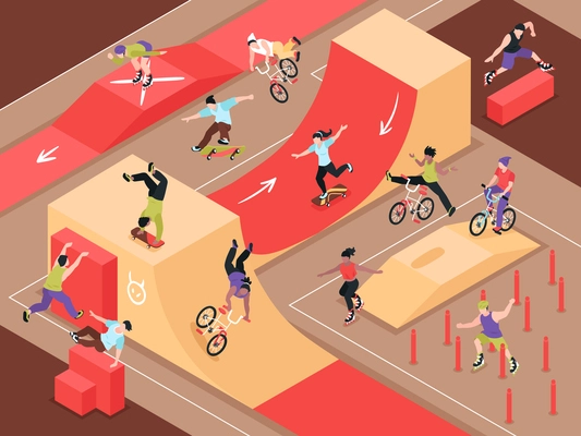 Extreme urban sport isometric background with teens riding skateboard rollers and bicycle on city skate ramp vector illustration