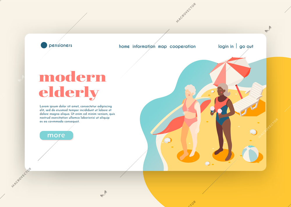 Modern elderly people isometric landing page with two women on south beach who came to surf vector illustration