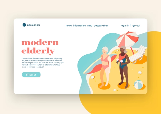 Modern elderly people isometric landing page with two women on south beach who came to surf vector illustration