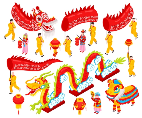 Chinese new year isometric set of traditional festive decorations red lanterns and dragons parts isolated cartoon vector illustration