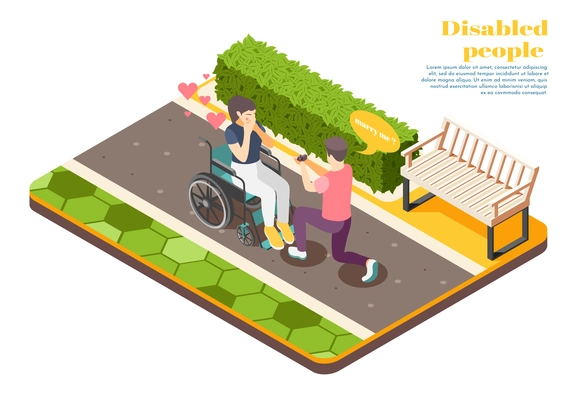 Disabled people isometric design concept with young man proposing to girl in wheelchair vector illustration