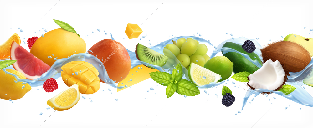 Fruits splashes realistic composition with ripe fruits and slices in motion with mint leaves and water vector illustration