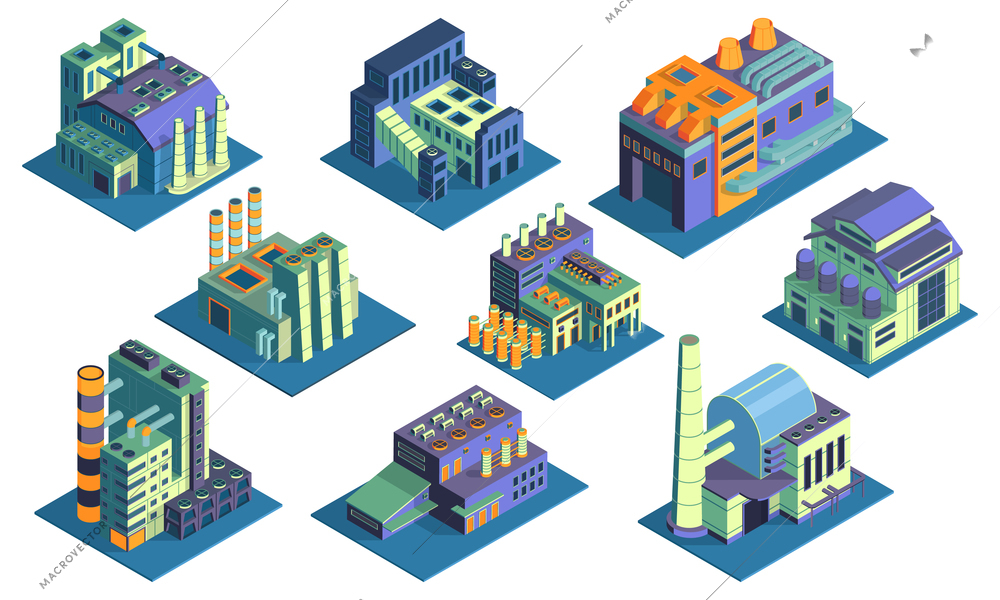 Isometric industrial plant factory collection with nine colourful isolated images of plant buildings on blank background vector illustration