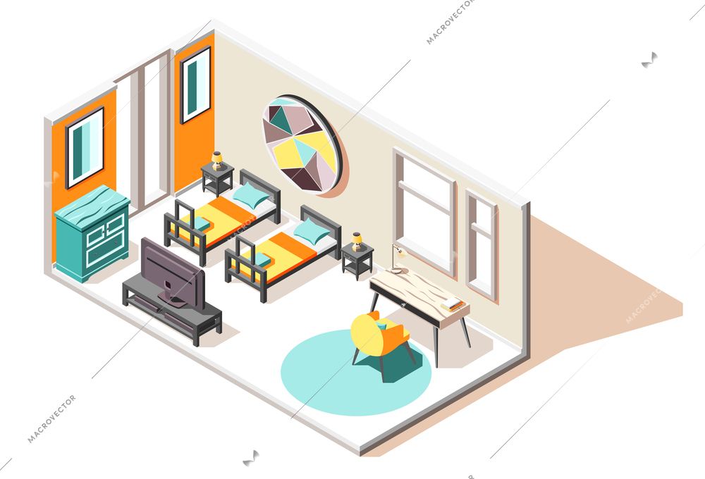 Hostel isometric composition of guest room interior with two beds tv chest and coffee table vector illustration