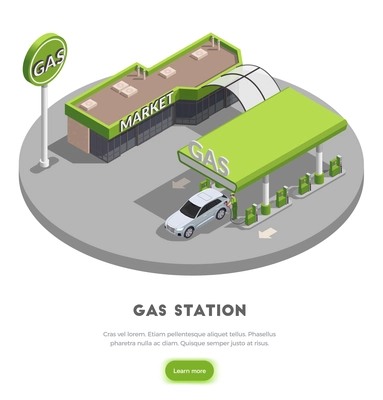 Gas station isometric background concept with gas filling station building images learn more button and text vector illustration