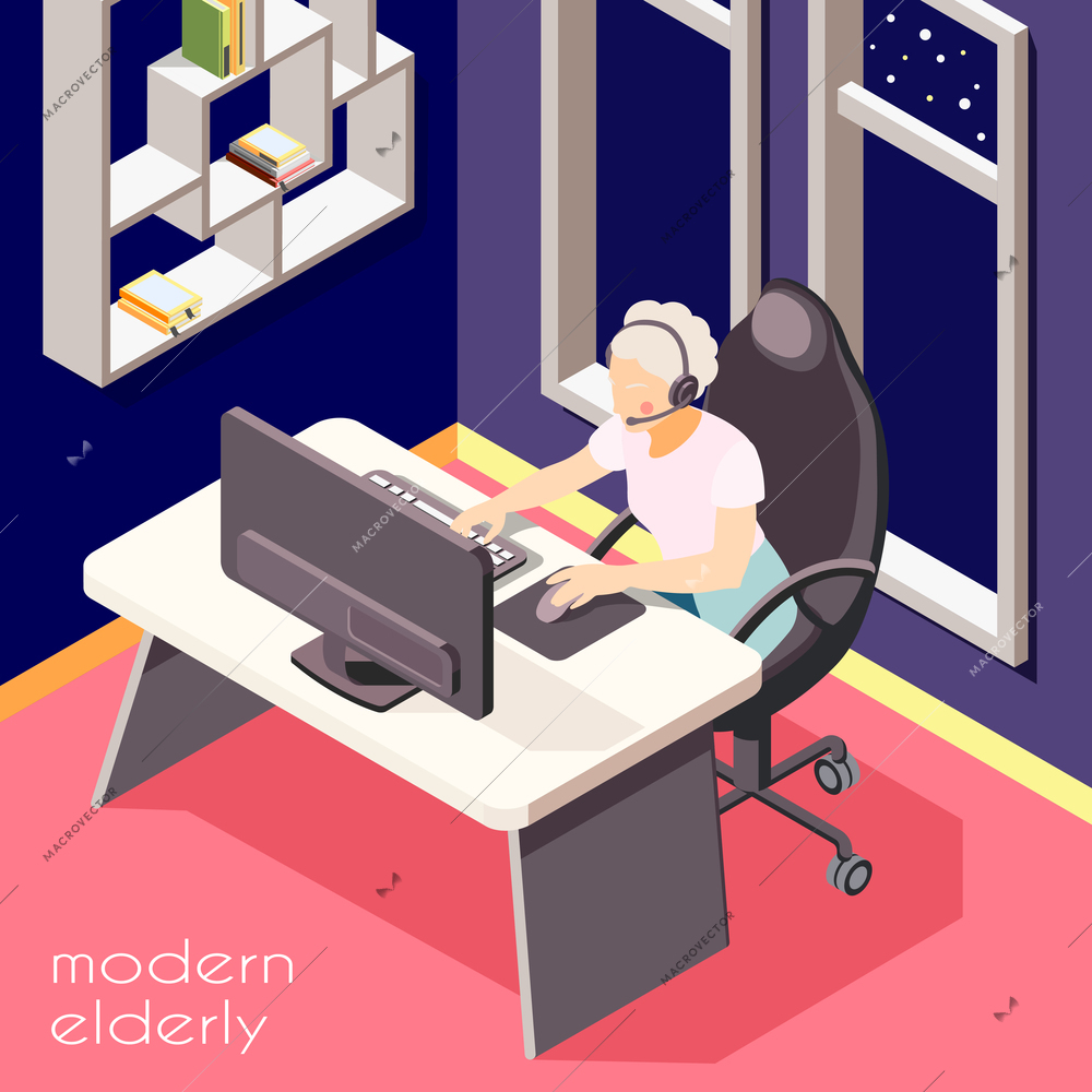 Modern elderly people isometric background illustrated senior woman with headset working at laptop vector illustration