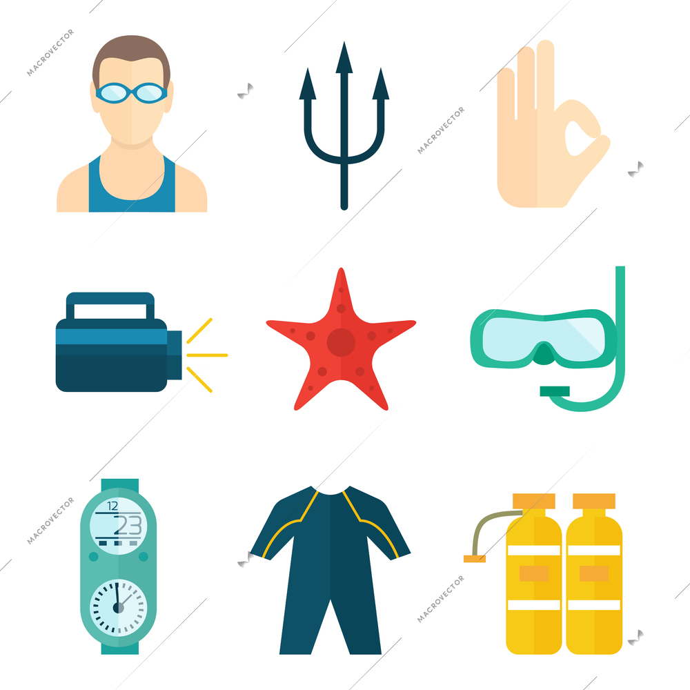 Diving scuba flat icons set of oxygen mask wetsuit starfish isolated vector illustration