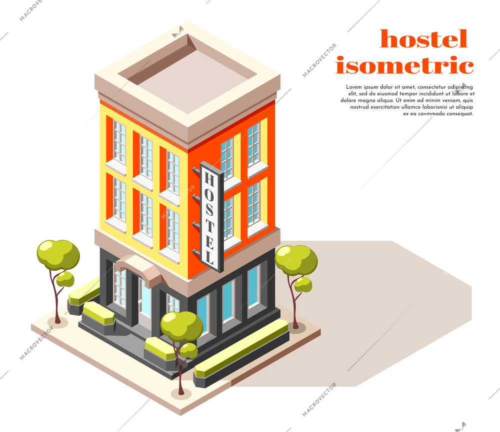 Hostel isometric composition of modern multistory building with signboard trees and city infrastructure vector illustration