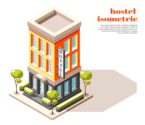 Hostel isometric composition of modern multistory building with signboard trees and city infrastructure vector illustration