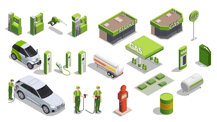 Set with isolated gas station isometric icons of gas filling columns outdoor buildings cars and people vector illustration