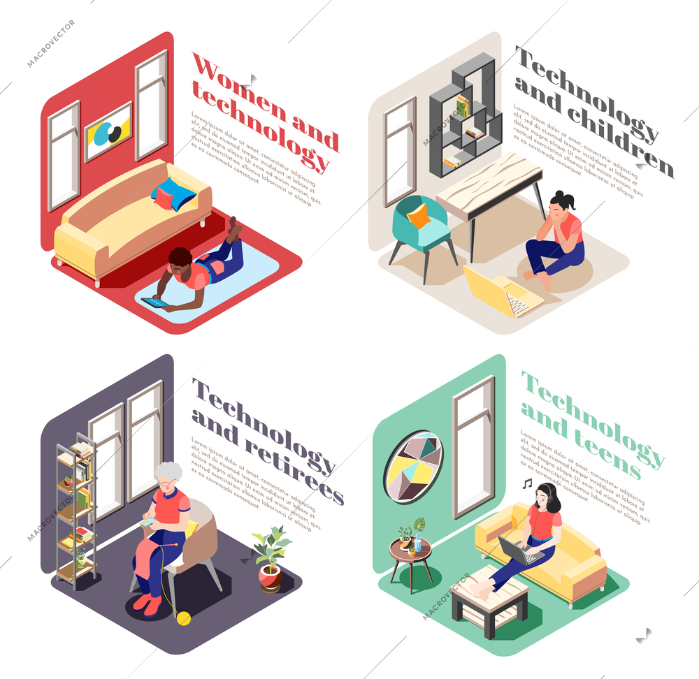 Women and technology 2x2 design concept set with female characters of different age using gadgets in everyday life isometric vector illustration