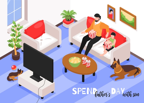 Fathers day isometric background with dad and his son in home interior watching tv together  vector illustration