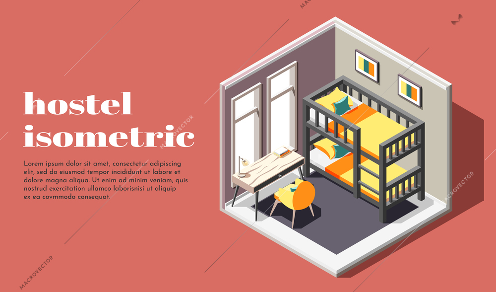 Hostel room of economy class isometric poster with bunk bed table and chair vector illustration