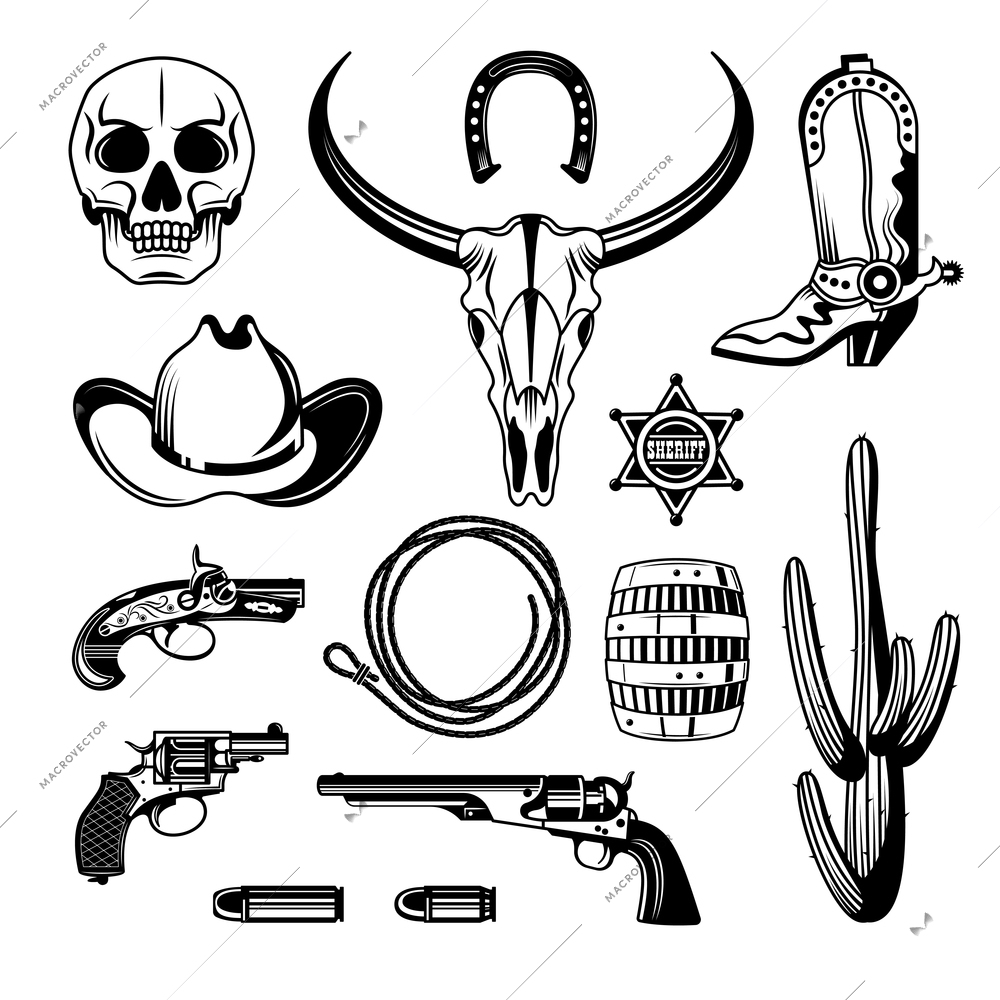 Cowboy emblem monochrome vintage icon set with sheriff badge skull pistols revolvers cowboy attributes vector illustration