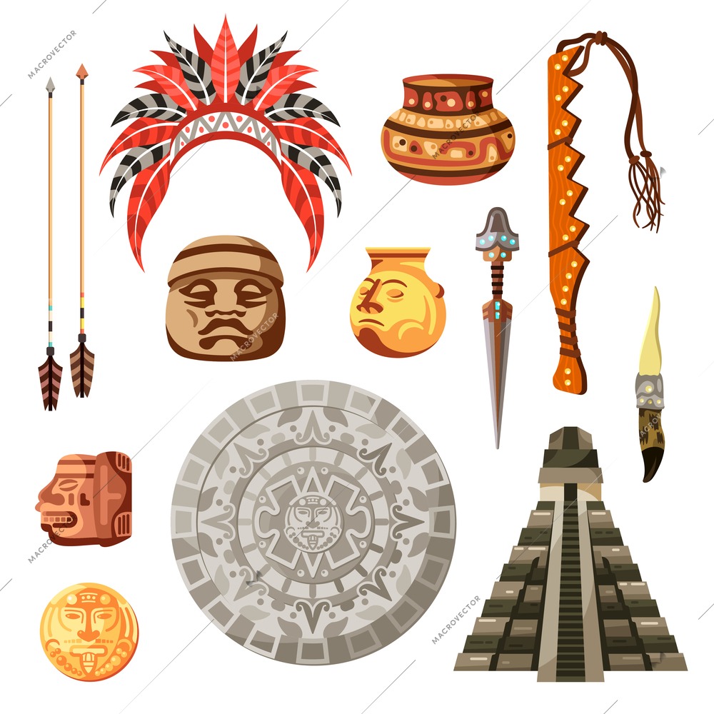 Colored cartoon maya civilization culture icon set with different attributes and elements vector illustration