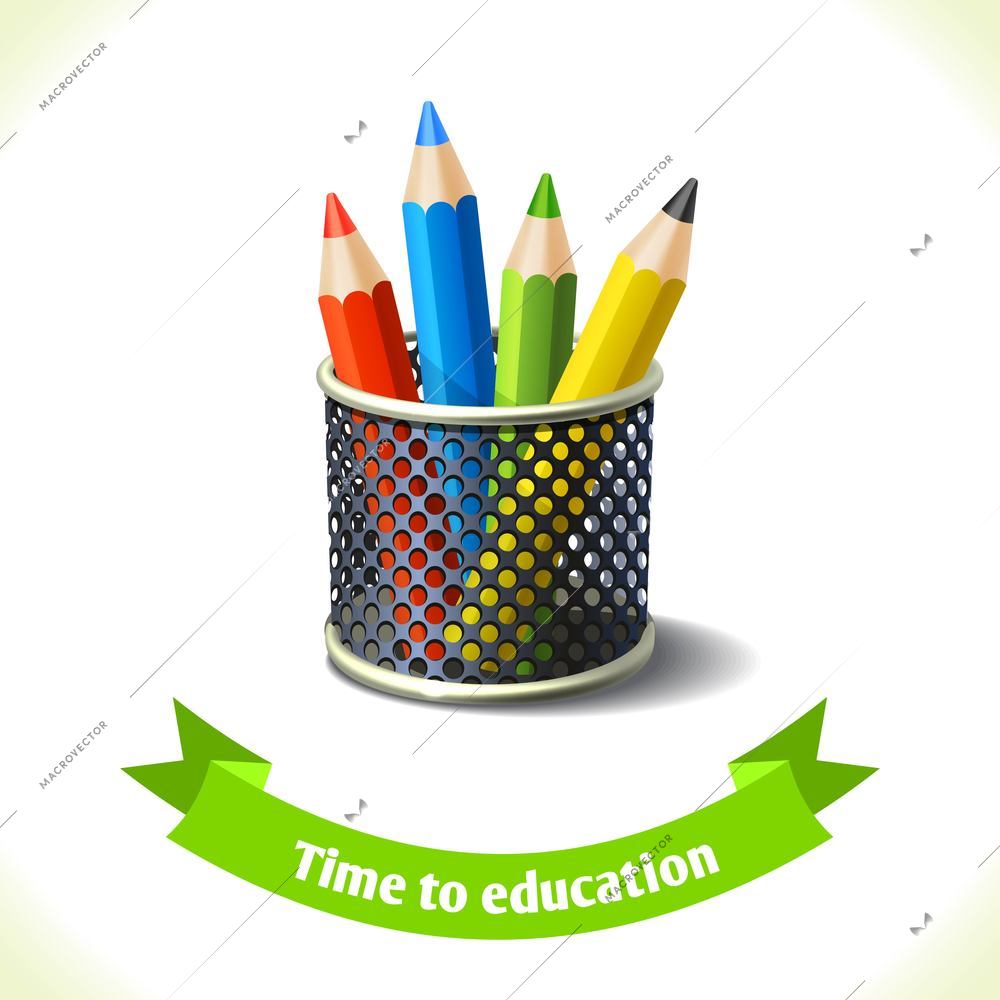 Realistic school colored pencils icon with ribbon banner isolated on white background vector illustration