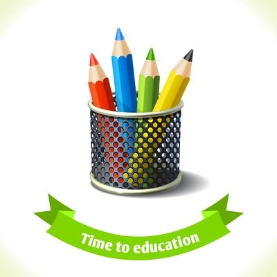 Realistic school colored pencils icon with ribbon banner isolated on white background vector illustration