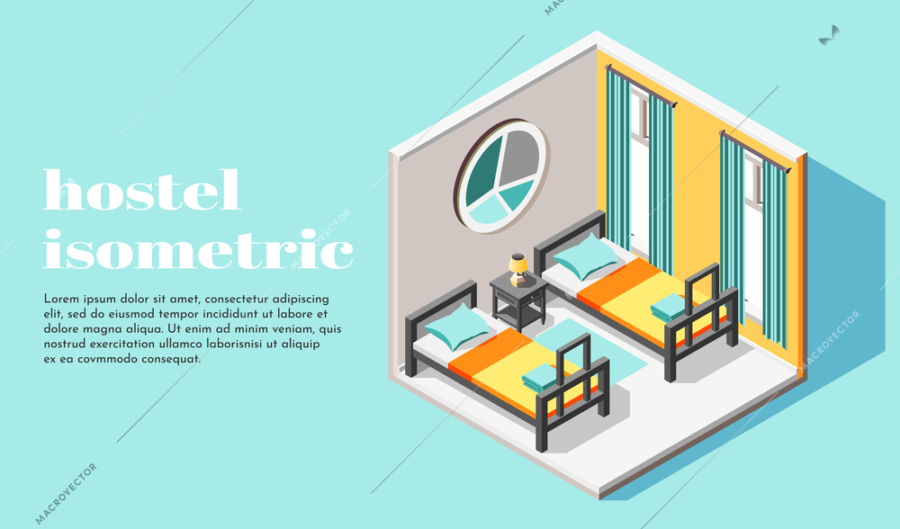 Hostel room interior for two guests isometric background with beds and bedside table vector illustration