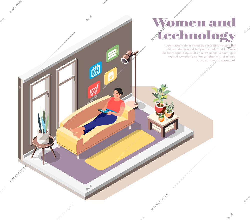 Women and technology isometric composition with modern young woman lying on couch with tablet in hands and using internet vector illustration