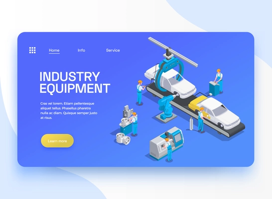 Automotive industry production line equipment isometric web landing page banner with robotic arms blue background vector illustration