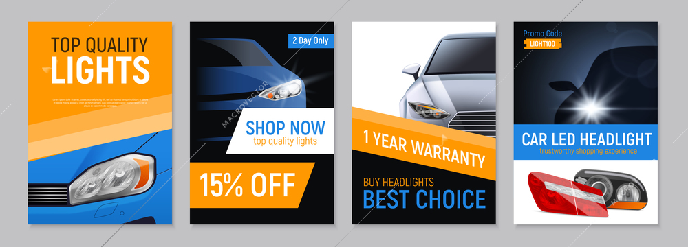 Set of four realistic auto headlights advertising banners with editable text and images of car parts vector illustration