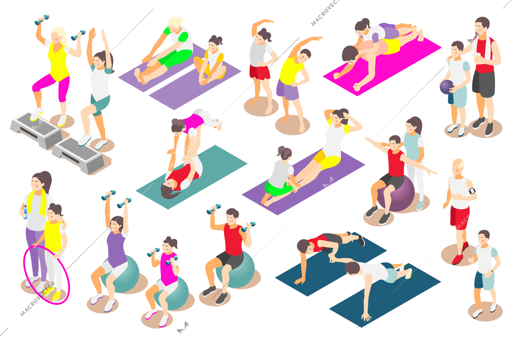 Family fitness isometric icons set of adult and rid persons performing physical exercises together isolated vector illustration