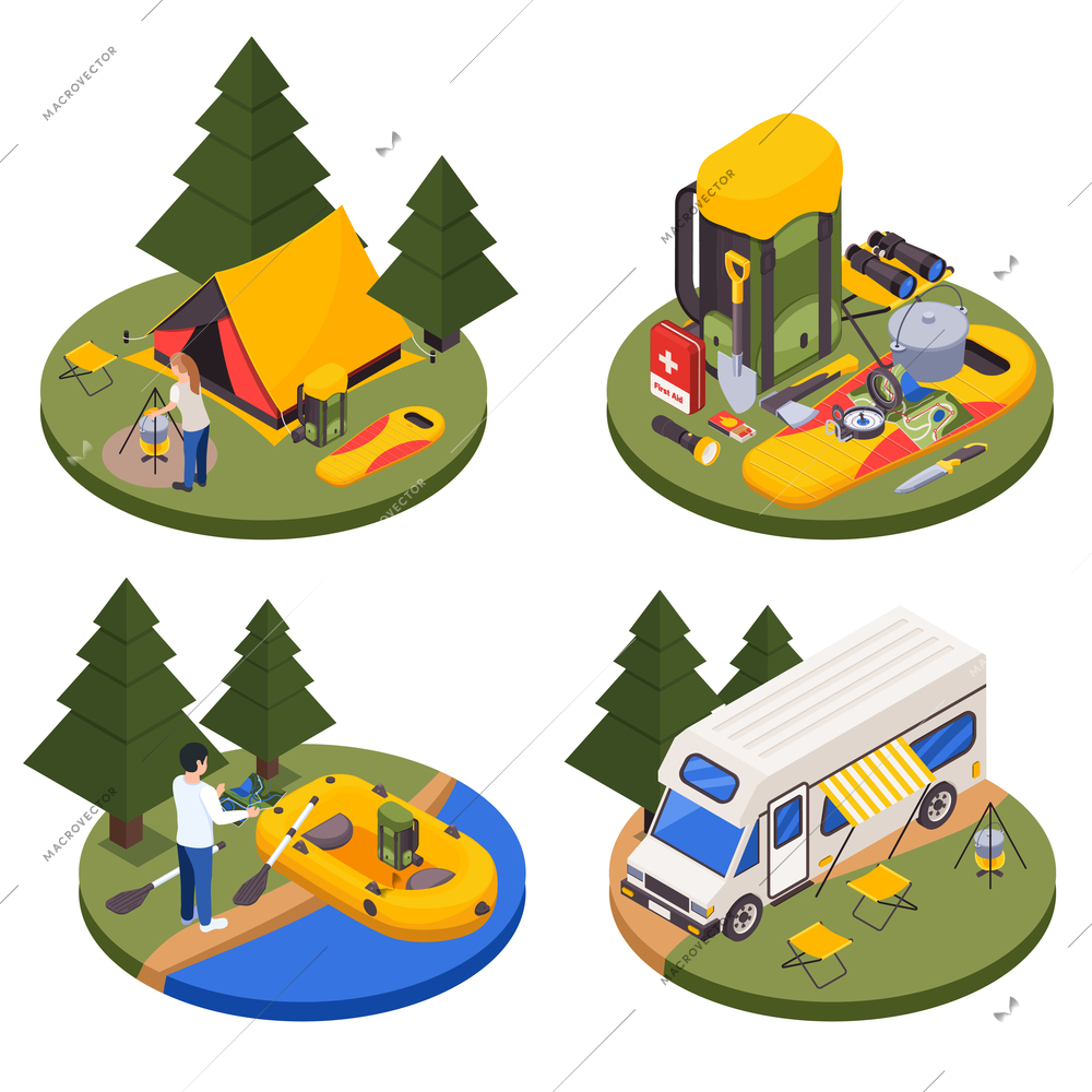 Camping hiking touristic isometric set of four round platforms with outfoor compositions trees tents and people vector illustration