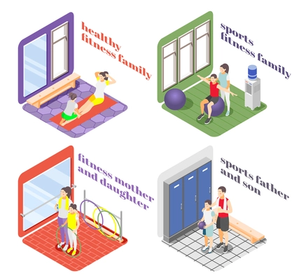 Healthy lifestyle 2x2 design concept with family members engaged in fitness and sport isometric vector illustration