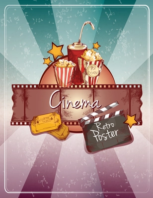 Colored cinema retro poster with popcorn drink cinema strip tickets doodle elements vector illustration