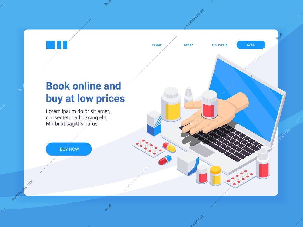 Pharmacy isometric landing page with laptop  medication and text book online and buy at low prices vector illustration