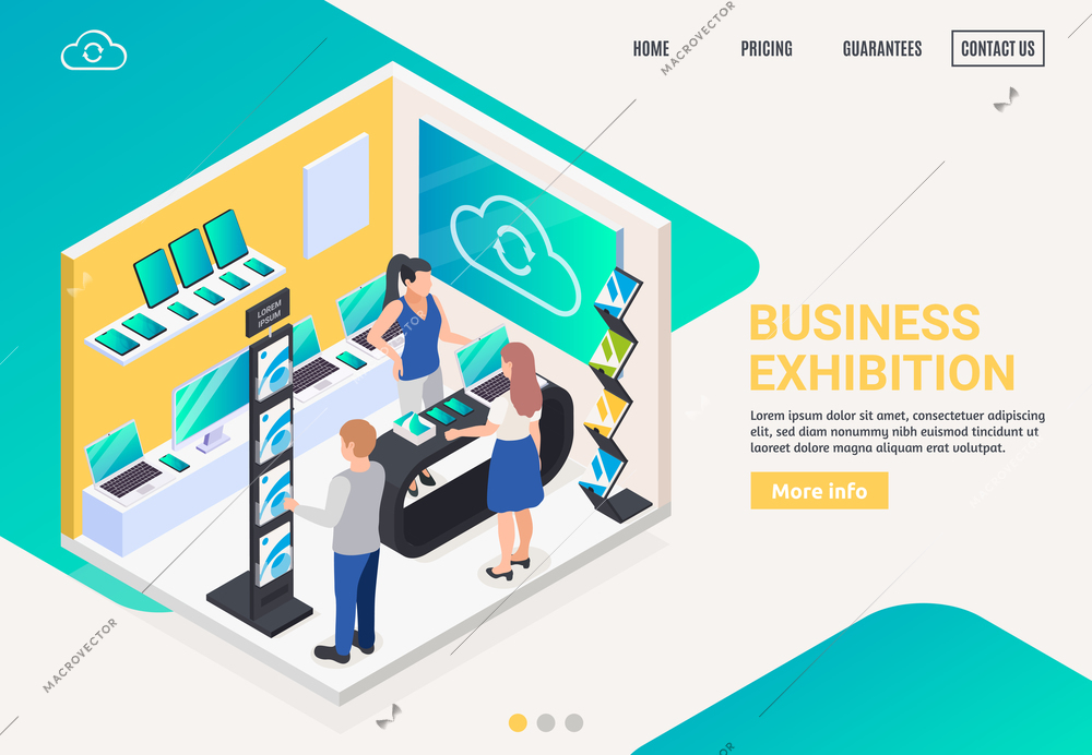 Modern business innovative electronic products promotion stand display offer isometric composition website landing page banner vector illustration