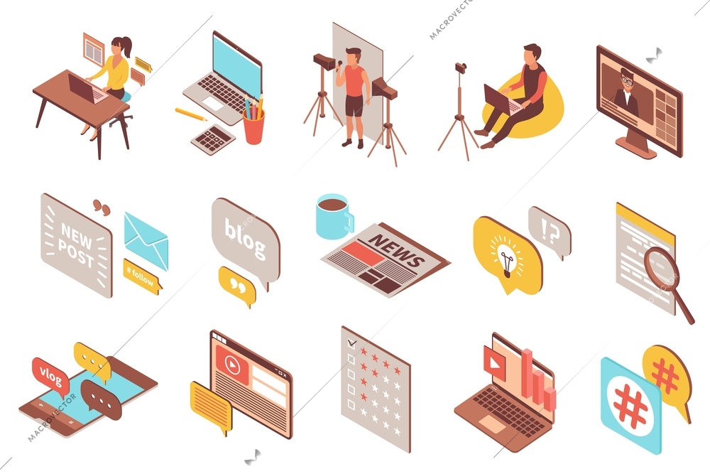 Blog set with isometric icons and compositions of communication pictograms and human characters with thought bubbles vector illustration